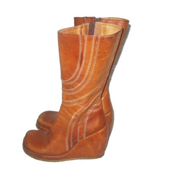 SOLD Vintage Destroy Wedge Hi Heel Leather Boots - Picture 1 of 4